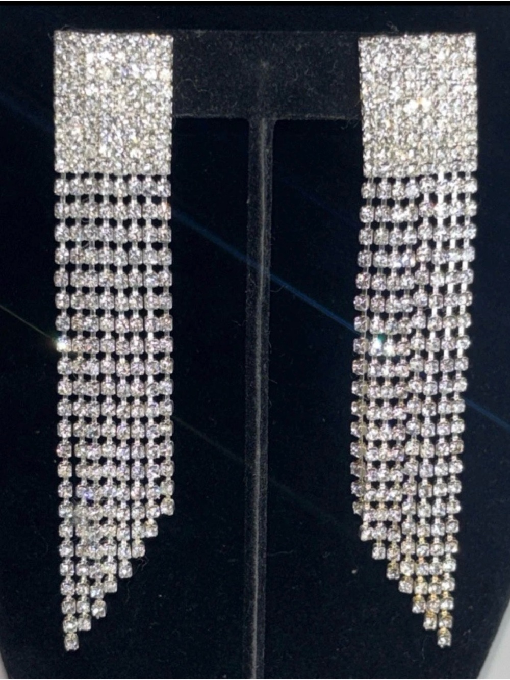 Long Rhinestone‎ Fringe Dangle Earrings Silver Tone Disco Glam Statement